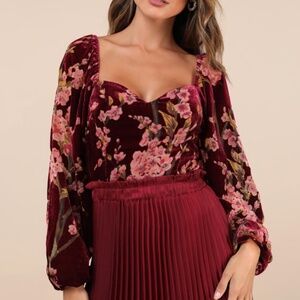 Lulus Luxe Romance Burgundy Velvet Floral Burnout Long Sleeve Bodysuit Red